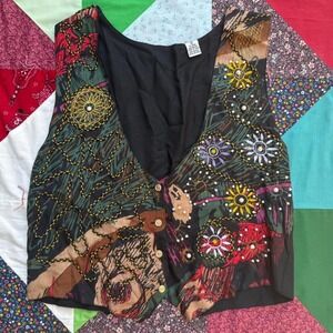 Colorful patchwork embroidered vest top with pearl appliqué details